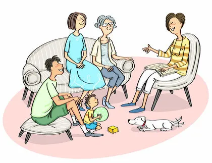 Sesión de práctica de Comunicación NoViolenta en familia - padres e hijos dialogando en un ambiente acogedor